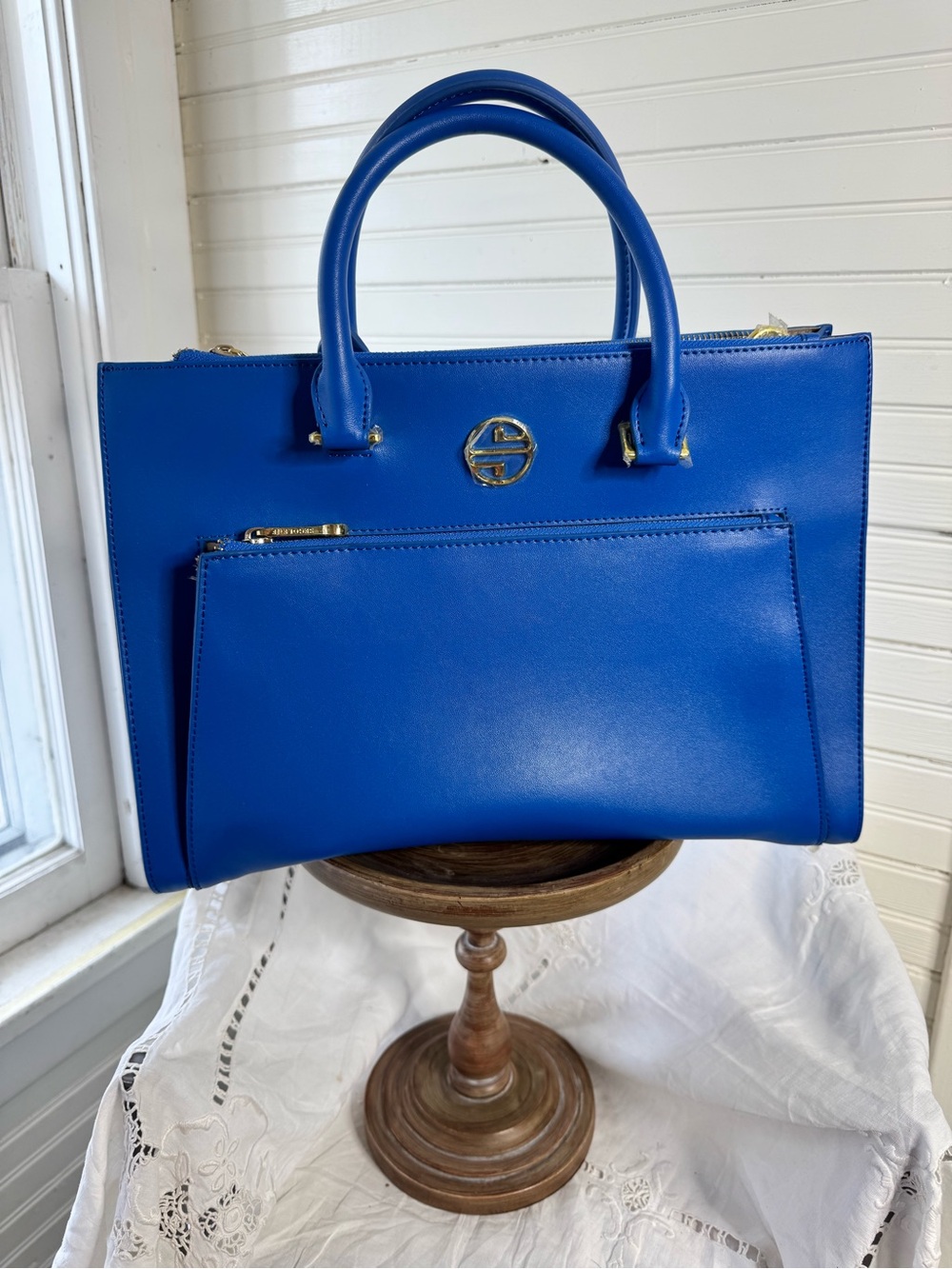 Segolène Paris Nadeen Triple Zip Leather Satchel Royal Blue Gold Hardware NWOT